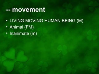 -- movement
• LIVING MOVING HUMAN BEING (M)
• Animal (FM)
• Inanimate (m)

 