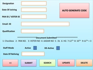 Designation
Date Of Joining
PAN ID / VOTER ID
Email- ID
Qualification
****************Document Submitted******************
1: Checkbox 2: PAN NO. 3: VOTER NO 4: AADAR NO 5 : DL 6: HG 7:12TH 8: 10TH 9:12TH + 3
Staff Mode Active DE-Active
SUBMIT SEARCH UPDATE DELETE<<
Date Of Reliving
AUTO GENERATE CODE
 