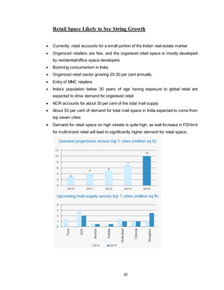 10
Retail Space Likely to See String Growth
 Currently, retail accounts for a small portion of the Indian real estate market
 Organized retailers are few, and the organised retail space is mostly developed
by residential/office space developers
 Booming consumerism in India
 Organized retail sector growing 25-30 per cent annually
 Entry of MNC retailers
 India’s population below 30 years of age having exposure to global retail are
expected to drive demand for organised retail
 NCR accounts for about 30 per cent of the total mall supply
 About 53 per cent of demand for total mall space in India expected to come from
top seven cities
 Demand for retail space on high streets is quite high, as well Increase in FDI limit
for multi-brand retail will lead to significantly higher demand for retail space.
 