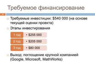 Требуемое финансирование
10


        Требуемые инвестиции: $540 000 (на основе
         текущей оценки проекта)
        Этапы инвестирования
          1 год   • $255 000

          2 год   • $205 000

          3 год   • $80 000

        Выход: поглощение крупной компанией
         (Google, Microsoft, MathWorks)
 