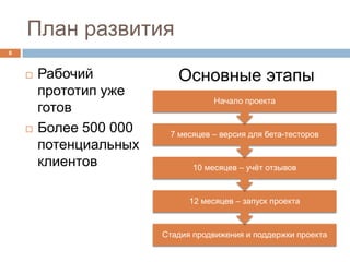 План развития
8



       Рабочий            Основные этапы
        прототип уже
                                    Начало проекта
        готов
       Более 500 000    7 месяцев – версия для бета-тесторов
        потенциальных
        клиентов               10 месяцев – учѐт отзывов



                              12 месяцев – запуск проекта



                        Стадия продвижения и поддержки проекта
 