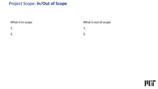 Project Scope: In/Out of Scope
What is in scope
1.
2.
What is out of scope
1.
2.
 