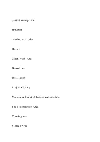 project management
H/R plan
develop work plan
Design
Clean/wash Area
Demolition
Installation
Project Closing
Manage and control budget and schedule
Food Preparation Area
Cooking area
Storage Area
 