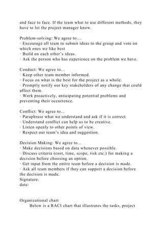 and face to face. If the team what to use different methods, they
have to let the project manager know.
Problem-solving: We agree to....
· Encourage all team to submit ideas to the group and vote on
which ones we like best
· Build on each other’s ideas.
· Ask the person who has experience on the problem we have.
Conduct: We agree to...
· Keep other team member informed.
· Focus on what is the best for the project as a whole.
· Promptly notify our key stakeholders of any change that could
affect them.
· Work proactively, anticipating potential problems and
preventing their occurrence.
Conflict: We agree to...
· Paraphrase what we understand and ask if it is correct.
· Understand conflict can help us to be creative.
· Listen openly to other points of view.
· Respect our team’s idea and suggestion.
Decision Making: We agree to...
· Make decisions based on data whenever possible.
· Discuss criteria (cost, time, scope, risk etc.) for making a
decision before choosing an option.
· Get input from the entire team before a decision is made.
· Ask all team members if they can support a decision before
the decision is made.
Signature:
date:
Organizational chart
Below is a RACI chart that illustrates the tasks, project
 