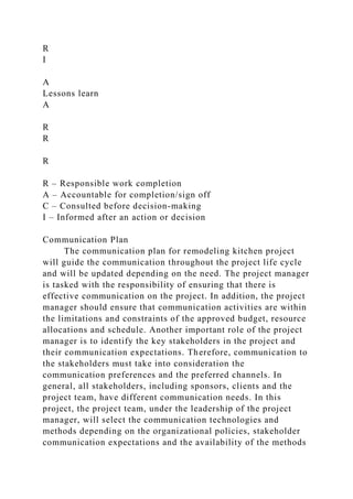 R
I
A
Lessons learn
A
R
R
R
R – Responsible work completion
A – Accountable for completion/sign off
C – Consulted before decision-making
I – Informed after an action or decision
Communication Plan
The communication plan for remodeling kitchen project
will guide the communication throughout the project life cycle
and will be updated depending on the need. The project manager
is tasked with the responsibility of ensuring that there is
effective communication on the project. In addition, the project
manager should ensure that communication activities are within
the limitations and constraints of the approved budget, resource
allocations and schedule. Another important role of the project
manager is to identify the key stakeholders in the project and
their communication expectations. Therefore, communication to
the stakeholders must take into consideration the
communication preferences and the preferred channels. In
general, all stakeholders, including sponsors, clients and the
project team, have different communication needs. In this
project, the project team, under the leadership of the project
manager, will select the communication technologies and
methods depending on the organizational policies, stakeholder
communication expectations and the availability of the methods
 