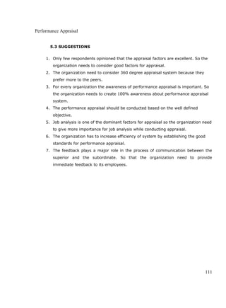 Performance Appraisal
5.3 SUGGESTIONS
1. Only few respondents opinioned that the appraisal factors are excellent. So the
organization needs to consider good factors for appraisal.
2. The organization need to consider 360 degree appraisal system because they
prefer more to the peers.
3. For every organization the awareness of performance appraisal is important. So
the organization needs to create 100% awareness about performance appraisal
system.
4. The performance appraisal should be conducted based on the well defined
objective.
5. Job analysis is one of the dominant factors for appraisal so the organization need
to give more importance for job analysis while conducting appraisal.
6. The organization has to increase efficiency of system by establishing the good
standards for performance appraisal.
7. The feedback plays a major role in the process of communication between the
superior and the subordinate. So that the organization need to provide
immediate feedback to its employees.
111
 