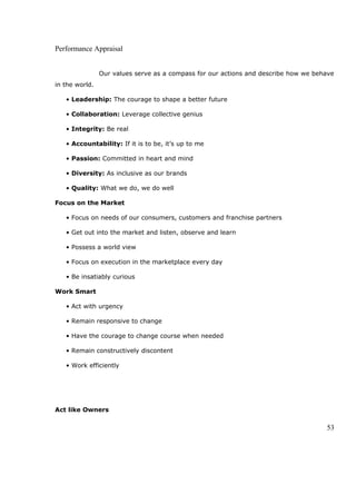 Performance Appraisal
Our values serve as a compass for our actions and describe how we behave
in the world.
• Leadership: The courage to shape a better future
• Collaboration: Leverage collective genius
• Integrity: Be real
• Accountability: If it is to be, it’s up to me
• Passion: Committed in heart and mind
• Diversity: As inclusive as our brands
• Quality: What we do, we do well
Focus on the Market
• Focus on needs of our consumers, customers and franchise partners
• Get out into the market and listen, observe and learn
• Possess a world view
• Focus on execution in the marketplace every day
• Be insatiably curious
Work Smart
• Act with urgency
• Remain responsive to change
• Have the courage to change course when needed
• Remain constructively discontent
• Work efficiently
Act like Owners
53
 