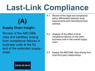 Review of the ABC/AML
risks and liabilities arising
from compliance failures in
business units at the far
end of the extended supply-
chain.
A.1 Review of the legal and compliance
policy differentials between local
requirements and international best
practice.
A.2 Analysis of the effect of local
compliance failures on the other
business units in the overall supply
chain.
A.3 Assess the ABC/AML risks arising from
local third party relationships.
(A)
Supply Chain Insight:-
Last-Link Compliance
 