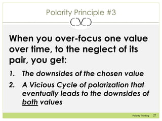 27Polarity Thinking
Polarity Principle #3
When you over-focus one value
over time, to the neglect of its
pair, you get:
1....