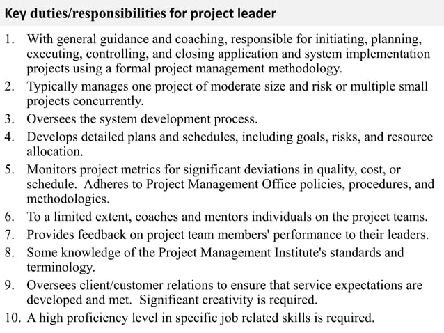 Project Leader Job Description PPT