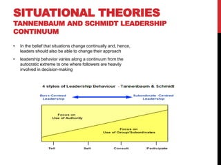 SITUATIONAL THEORIES
TANNENBAUM AND SCHMIDT LEADERSHIP
CONTINUUM
• In the belief that situations change continually and, hence,
leaders should also be able to change their approach
• leadership behavior varies along a continuum from the
autocratic extreme to one where followers are heavily
involved in decision-making
 