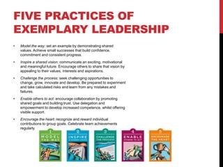 FIVE PRACTICES OF
EXEMPLARY LEADERSHIP
• Model the way: set an example by demonstrating shared
values. Achieve small successes that build confidence,
commitment and consistent progress.
• Inspire a shared vision: communicate an exciting, motivational
and meaningful future. Encourage others to share that vision by
appealing to their values, interests and aspirations.
• Challenge the process: seek challenging opportunities to
change, grow, innovate and develop. Be prepared to experiment
and take calculated risks and learn from any mistakes and
failures.
• Enable others to act: encourage collaboration by promoting
shared goals and building trust. Use delegation and
empowerment to develop increased competence, whilst offering
visible support.
• Encourage the heart: recognize and reward individual
contributions to group goals. Celebrate team achievements
regularly
 