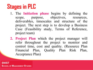 MANAGING Tough Times
SNIST
SCHOOL OF MANAGEMENT STUDIES
Stages in PLC
1. The Initiation phase begins by defining the
scope, purpose, objectives, resources,
deliverables, timescales and structure of the
project. The next step is to develop a Business
Case (Feasibility study, Terms of Reference,
project team)
2. Project Plan which the project manager will
refer throughout the project to monitor and
control time, cost and quality. (Resource Plan
Financial Plan, Quality Plan Risk Plan,
Acceptance Plan)
 