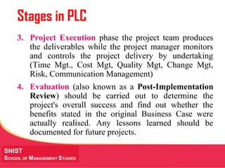 MANAGING Tough Times
SNIST
SCHOOL OF MANAGEMENT STUDIES
Stages in PLC
3. Project Execution phase the project team produces
the deliverables while the project manager monitors
and controls the project delivery by undertaking
(Time Mgt., Cost Mgt, Quality Mgt, Change Mgt,
Risk, Communication Management)
4. Evaluation (also known as a Post-Implementation
Review) should be carried out to determine the
project's overall success and find out whether the
benefits stated in the original Business Case were
actually realised. Any lessons learned should be
documented for future projects.
 