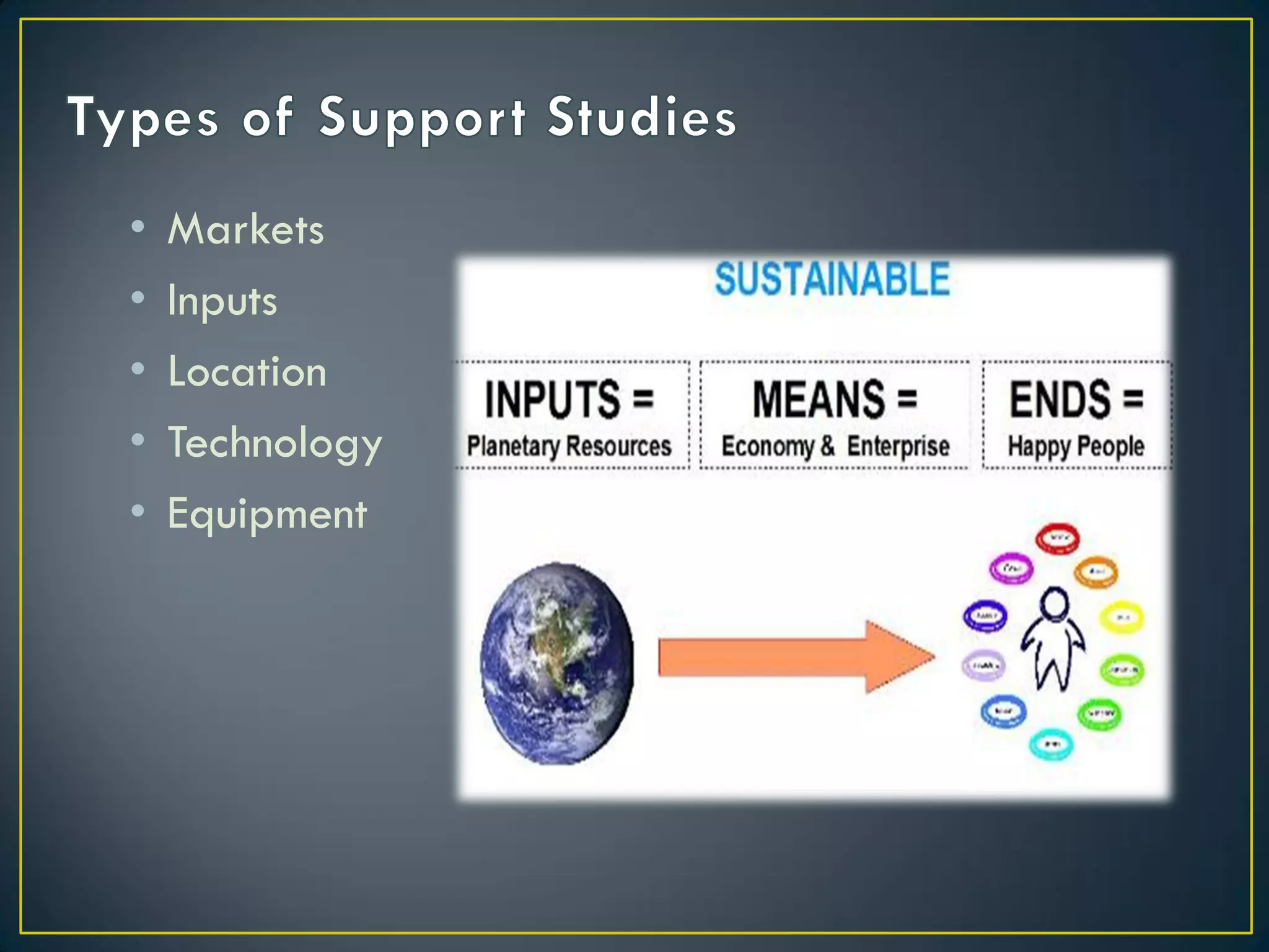 •
•
•
•
•

Markets
Inputs
Location
Technology
Equipment

 