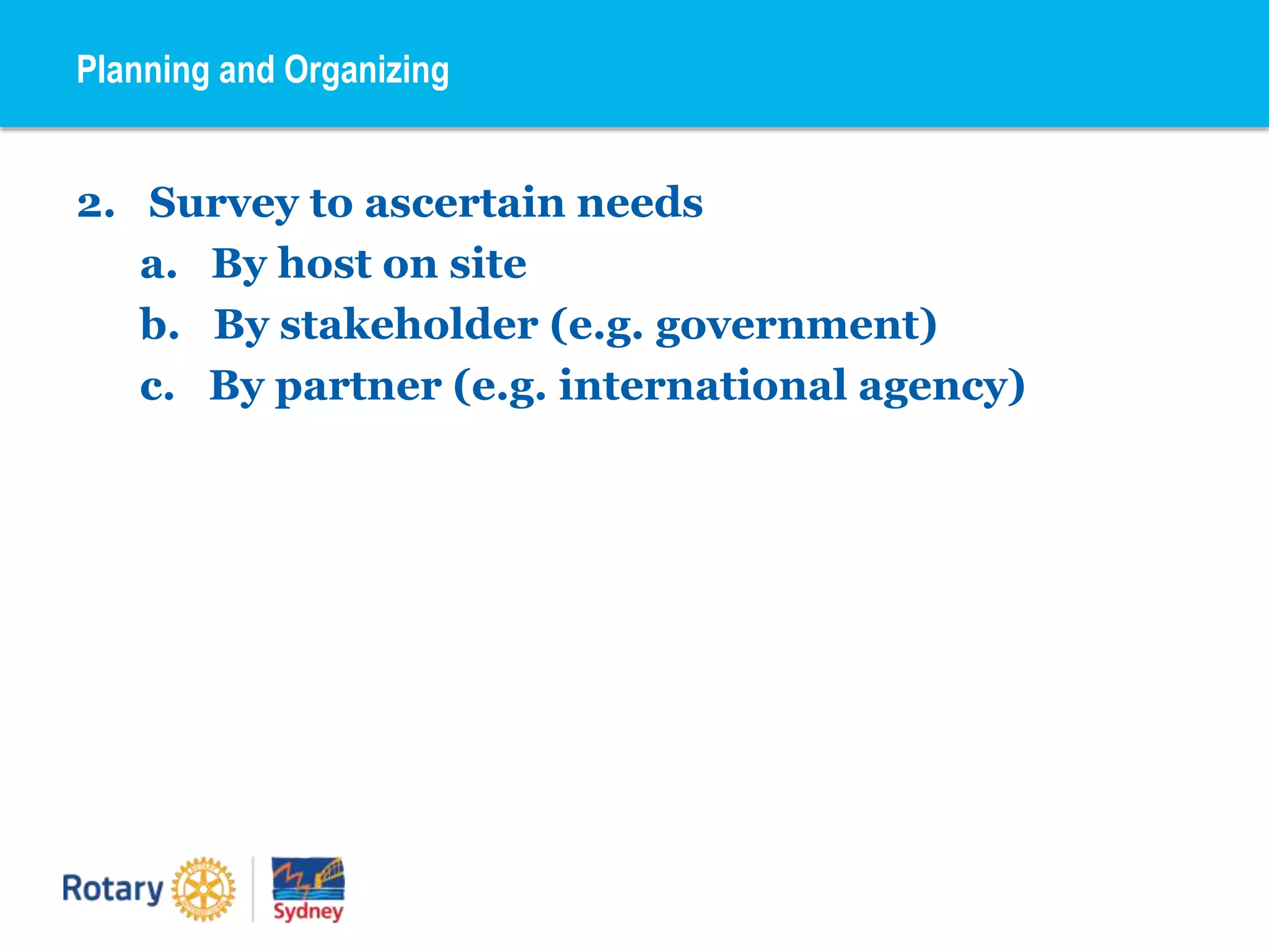 2. Survey to ascertain needs
a. By host on site
b. By stakeholder (e.g. government)
c. By partner (e.g. international agency)
Planning and Organizing
 