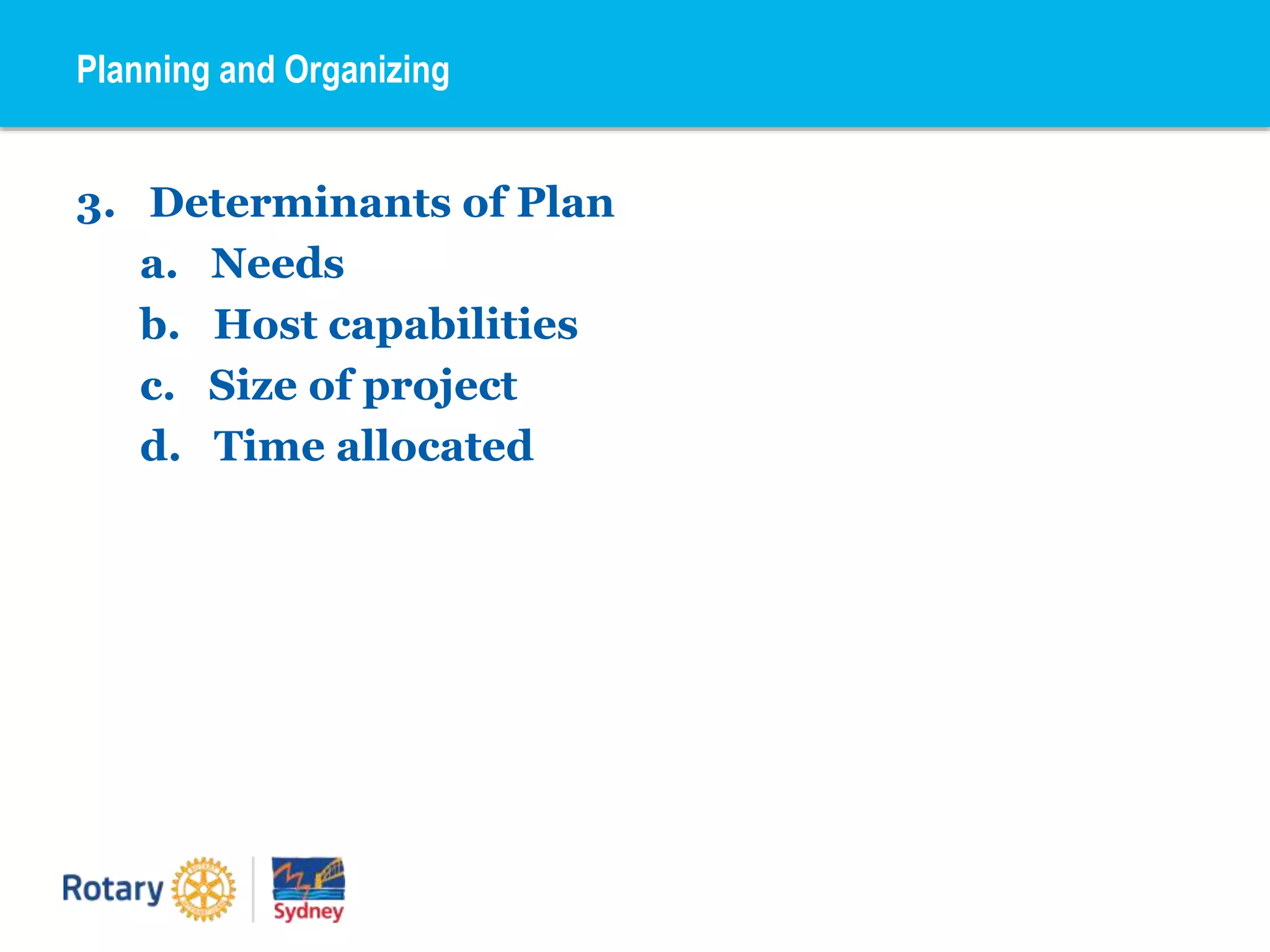 3. Determinants of Plan
a. Needs
b. Host capabilities
c. Size of project
d. Time allocated
Planning and Organizing
 
