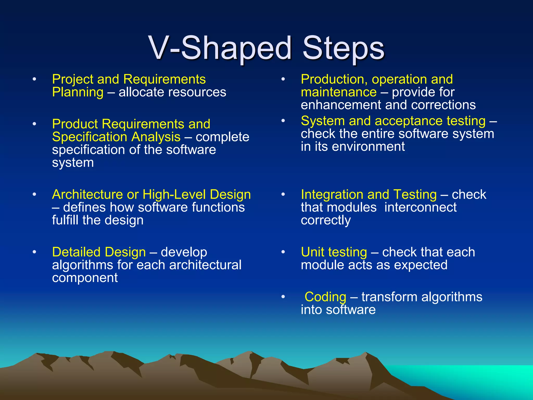 V-Shaped Steps
• Project and Requirements
Planning – allocate resources
• Product Requirements and
Specification Analysis – complete
specification of the software
system
• Architecture or High-Level Design
– defines how software functions
fulfill the design
• Detailed Design – develop
algorithms for each architectural
component
• Production, operation and
maintenance – provide for
enhancement and corrections
• System and acceptance testing –
check the entire software system
in its environment
• Integration and Testing – check
that modules interconnect
correctly
• Unit testing – check that each
module acts as expected
• Coding – transform algorithms
into software
 