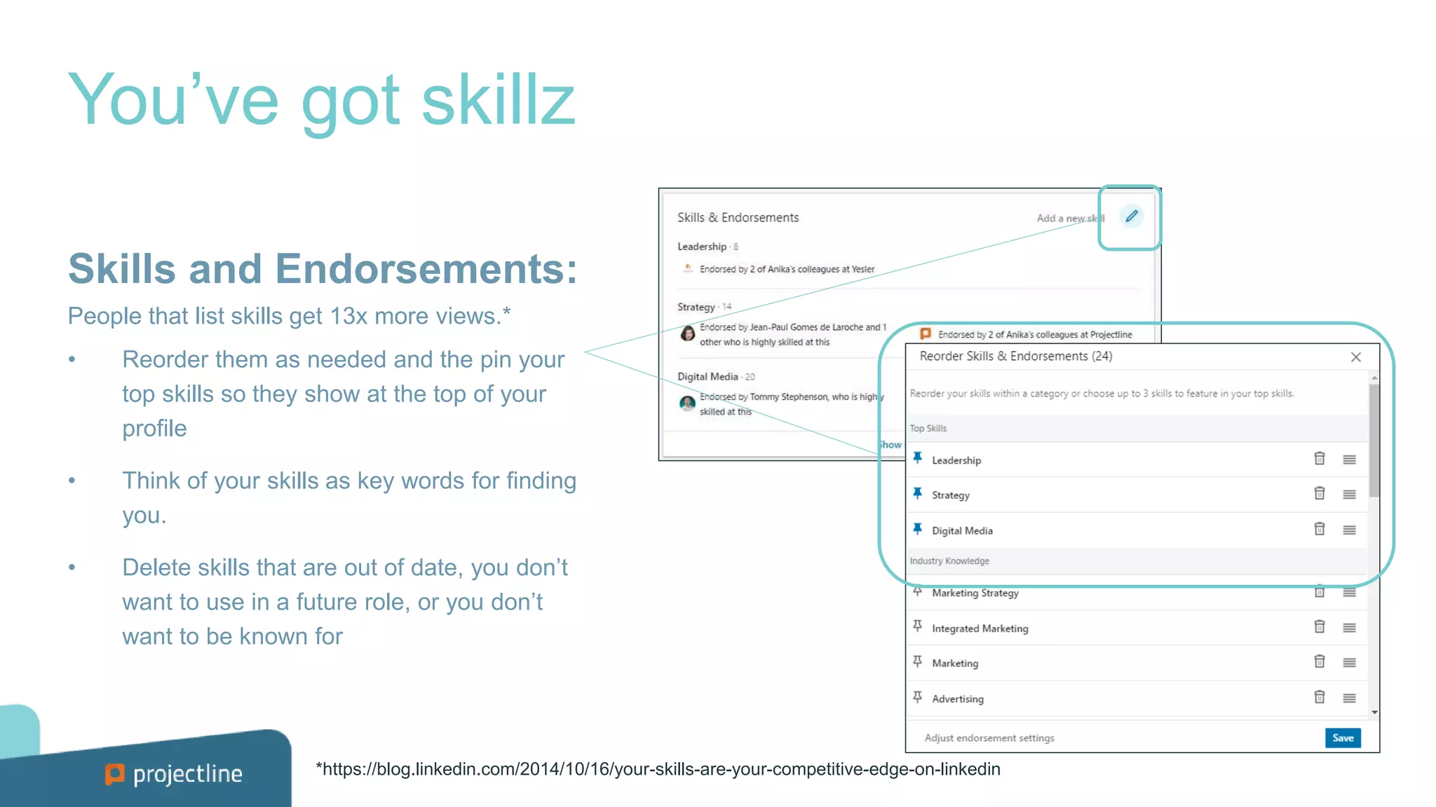 You’ve got skillz
Skills and Endorsements:
People that list skills get 13x more views.*
• Reorder them as needed and the pin your
top skills so they show at the top of your
profile
• Think of your skills as key words for finding
you.
• Delete skills that are out of date, you don’t
want to use in a future role, or you don’t
want to be known for
*https://blog.linkedin.com/2014/10/16/your-skills-are-your-competitive-edge-on-linkedin
 