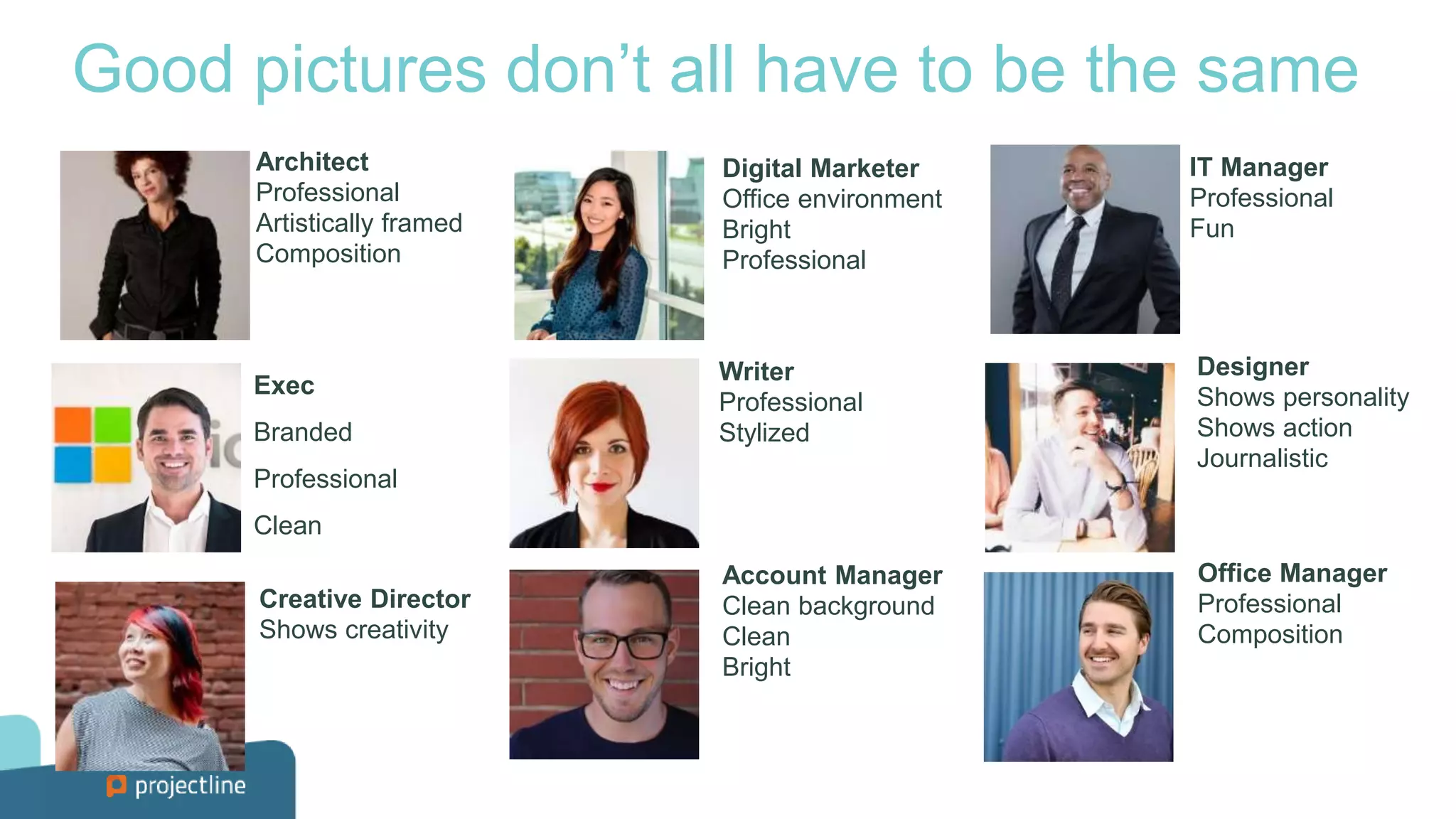 Good pictures don’t all have to be the same
Exec
Branded
Professional
Clean
Digital Marketer
Office environment
Bright
Professional
IT Manager
Professional
Fun
Designer
Shows personality
Shows action
Journalistic
Creative Director
Shows creativity
Writer
Professional
Stylized
Office Manager
Professional
Composition
Account Manager
Clean background
Clean
Bright
Architect
Professional
Artistically framed
Composition
 