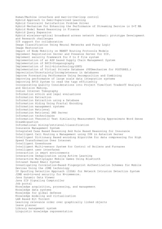 Human/Machine interface and man-in-the-loop control
Hybrid Approach to Semi-Supervised Learning
Hybrid Constraint Satisfaction Problem Solver
Hybrid Mechanism for Enhancing the Performance of Streaming Service in D-T MA
Hybrid Model Based Reasoning in Finance
Hybrid Query Expansion
Hybrid wireless-optical broadband access network (woban): prototype Development
and Research challenges
ICT support for collaboration
Image Classification Using Neural Networks and Fuzzy Logic
Image Restoration
Impact of Node Mobility on MANET Routing Protocols Models
Implement Registration Server and Presence Server for SIP.
Implement security framework for P to P file system
Implementation of an ASP based Supply Chain Management System
Implementation of BPCS-Steganography
Implementation of Soil-biotechnology(SBT)
Implementation of Virtual Private Database (VPDmechanism for POSTGRES.)
Imprecision/Uncertainty/Incompleteness in databases
Improve Forecasting Performance Using Decomposition and Combining
Improving performance of large scale data integration systems
Improving RFID System to read the tags efficiently
Incorporating Quality Considerations into Project Time/Cost Tradeoff Analysis
and Decision Making.
Indian Internet Tomography
Information ethics and legal evaluations
Information Extraction
Information Extraction using a Database
Information Hiding Using Fractal Encoding
Information management systems
Information Retrieval
Information Retrieval SMS Server
Information technologies
Information Theoretic Text Similarity Measurement Using Approximate Word Sense
Disambiguation
Informational mining/retrieval/classification
Insurance Management System
Integrated Case Based Reasoning And Rule Based Reasoning for Insurance
Intelligent Call Routing & Management using IVR in Asterisk Server
Intelligent Dictionary Based encoding Algorithm for data compressing for High
Speed Transformation Over Internet
Intelligent Greenhouse
Intelligent Multi-sensor System for Control of Boilers and Furnaces
Intelligent user interfaces
Interaction in smart environments
Interactive Deduplication using Active Learning
Interactive Multiplayer Mobile Games Using Bluetooth
Intranet Based Email System
Investigating Correlation-Based Fingerprint Authentication Schemes for Mobile
Devices Using the J2ME technology
IP Spoofing Detection Approach (ISDA) for Network Intrusion Detection System
J2ME end-to-end security for M-commerce.
Java Dynamic Data Viewer
Java SIP Signaling Comptroller
Job portal
Knowledge acquisition, processing, and management
Knowledge data systems
Knowledge for global defense
Knowledge modeling and virtualization
LAN Based Bit Torrent
Learning relevance order over graphically linked objects
leave planner
Library management system
Linguistic knowledge representation

 