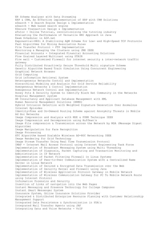 ER Schema Analyzer with Data Streaming
ERP & CRM, An Effective implementation of ERP with CRM Solutions
eSearch - A Search Engine Design & Implementation
eSearch - Web based search engine
ESecure Transaction Design & Implementation
eTutor - Online Tutorial, revolutionizing the tutoring industry
Evaluating the Performance of Versatile RMI Approach in Java
Exam Scheduler in ASP.net
Exponential-RED: A Stabilizing AQM Scheme for Low- and High-Speed TCP Protocols
Fast Algorithms for Mining Association Rules
File Transfer Protocol - FTP Implementation
Monitoring & Managing the Clusters using JMX IEEE
Financial Accounts - Integrated Financial Accounting Solutions
Fine Grained Layered Multicast using STAIR
Fire wall - Customized Firewall for internet security & inter-network traffic
gateway
Fully Distributed Proactively Secure Threshold Multi signature Scheme
Genetic Algorithm Based Train Simulation Using Concurrent Engineering
Graphical Network Browser
Grid Computing
Grid information Retrieval System
Heterogeneous Networks Control and Implementation
Hierarchical Modeling and Analysis for Grid Service Reliability
Homogeneous Networks & Control Implementation
Homogenous Network Control and Implementation
Honey Pots A Security System to Identify Black Hat Community in the Networks
Hospital Management system
HR Consultancy and Applicant Database Management with XML
Human Resource Management Solutions (HRMS)
Hybrid Intrusion Detection with Weighted Signature Generation Over Anomalous
Internet Episodes
Identity-Free and On-Demand Routing Scheme against Anonymity Threats in Mobile
Ad Hoc Networks
Image Compression and Analysis with MSE & PSNR Technique IEEE
Image Compression and Decompression using Huffman™s
Image File compression & Transmission across the Network by MDA (Message Digest
Algorithm)
Image Manipulation for Face Recognition
Image Processing
XTC Algorithm based Scalable Wireless AD-HOC Networking IEEE
Image Rendering for Grid Technology
Image Stream Transfer Using Real Time Transmission Protocol
IMAP - Internet Mail Access Protocol using Internet Engineering Task Force
Implementation of Broadcast Messaging System using Multi Threading
Implementation of Diagnosis, Packet Capturing and Transaction Monitoring and
Administration in IP Network
Implementation of Packet Filtering Firewall in Linux Systems
Implementation of Peer-to-Peer Communication System with a Centralized Name
Server in Linux Network
Implementation of Secured & Encrypted Data Transmission over the Web
Implementation of Security Kernel and Firewall using Java
Implementation of Wireless Application Protocol Gateway in Mobile Network
Implementation of Wireless Communication Gateway for PC To Mobile Network Route
using Internet Protocol
Information Forensics and Security
Insertion of Links of navigation into the Web Pages
Instant Messaging and Presence Technology for College Campuses
Instant Smart Messenger System
Insurance System, Online Insurance Solutions Provider
Integrated & Distributed Enterprise Resource Planning with Customer Relationship
Management Support
Integrated Data Persistence & Synchronization in PDA™s
Integrated Mail Transfer Agents using JAF
Integrating Data and Voice Networks - VoIP

 