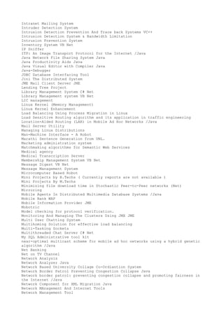 Intranet Mailing System
Intruder Detection System
Intrusion Detection Prevention And Trace back Systems VC++
Intrusion Detection System & Bandwidth Limitation
Intrusion Prevention System
Inventory System VB Net
IP Sniffer
ITP: An Image Transport Protocol for the Internet /Java
Java Network File Sharing System Java
Java Productivity Aids Java
Java Visual Editor with Compiler Java
Java-Debugger
JDBC Database Interfacing Tool
Jini The Distributed System
JME Mail Client Server JME
Lending Tree Project
Library Management System C# Net
Library Management system VB Net
LIC management
Linux Kernel (Memory Management)
Linux Kernel Enhancement
Load Balancing Using Process Migration in Linux
Load Sensitive Routing algorithm and its application in traffic engineering
Location-Aided Routing (LAR) in Mobile Ad Hoc Networks /Java
Mail Server Utility
Managing Linux Distributions
Man-Machine Interface - A Robot
Marathi Sentence Generation from UNL.
Marketing administration system
Matchmaking algorithms for Semantic Web Services
Medical agency
Medical Transcription Server
Membership Management System VB Net
Message Digest VB Net
Message Management System
Microcomputer Based Robot
Mini Projects by B.Techs ( Currently reports are not available )
Mini Projects By M.Techs
Minimizing file download time in Stochastic Peer-to-Peer networks (Net)
Mirroring
Mobile Agents In Distributed Multimedia Database Systems /Java
Mobile Bank WAP
Mobile Information Provider JME
Mobotric
Model checking for protocol verification.
Monitoring And Managing The Clusters Using JMX JME
Multi User Chatting System
Multihoming Solution for effective load balancing
Multi-Tasking Sockets
Multithreaded Chat Server C# Net
My SQL Administrative tool kit
near-optimal multicast scheme for mobile ad hoc networks using a hybrid genetic
algorithm /Java
Net Banking
Net on TV Channel
Network Analysis
Network Analyzer Java
Network Based University Collage Co-Ordiantion Syatem
Network Border Patrol Preventing Congestion Collapse Java
Network border patrol: preventing congestion collapse and promoting fairness in
the Internet /Java
Network Component for XML Migration Java
Network MAnagement And Internet Tools
Network Management Tool

 