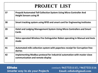 PROJECT LIST
37 Prepaid Automated Toll Collection System Using Micro Controller And
Height Sensors using IR
38 Smart tracking system using RFID and smart card for Engineering Institutes
39 Hotel and Lodging Management System Using Micro Controllers and Smart
Cards
40 Voice operated Wireless Fire Extinguisher Robot operating in Manual and Auto
mode
41 Automated milk collection system with paperless receipt for Corruption free
dairies
42 Implementing Modbus protocol for industrial automation with master slave
communication and remote display
EDlabz contact: 9657551115 / 9657551116
Smarter way to do your Projects Email: edlabz@gmail.com
 
