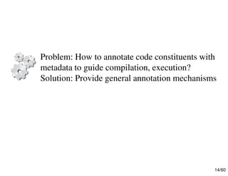 14/60
Problem: How to annotate code constituents with
metadata to guide compilation, execution?
Solution: Provide general annotation mechanisms
 