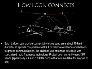 HOW LOON CONNECTS 
• Each balloon can provide connectivity to a ground area about 40 km in 
diameter at speeds comparable to 3G. For balloon-to-balloon and balloon-to- 
ground communications, the balloons use antennas equipped with 
specialized radio frequency technology. Project Loon currently uses ISM 
bands (specifically 2.4 and 5.8 GHz bands) that are available for anyone to 
use. 
 