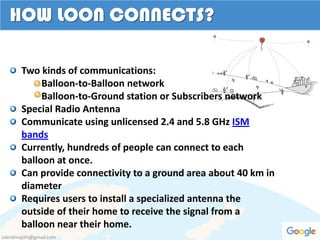HOW LOON CONNECTS?
Two kinds of communications:
Balloon-to-Balloon network
Balloon-to-Ground station or Subscribers network
Special Radio Antenna
Communicate using unlicensed 2.4 and 5.8 GHz ISM
bands
Currently, hundreds of people can connect to each
balloon at once.
Can provide connectivity to a ground area about 40 km in
diameter
Requires users to install a specialized antenna the
outside of their home to receive the signal from a
balloon near their home.
sskrishnajith@gmail.com
 
