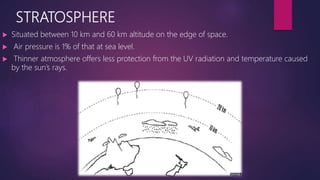 STRATOSPHERE
 Situated between 10 km and 60 km altitude on the edge of space.
 Air pressure is 1% of that at sea level.
 Thinner atmosphere offers less protection from the UV radiation and temperature caused
by the sun’s rays.
 
