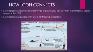 HOW LOON CONNECTS
 Each balloon can provide connectivity to a ground area about 40 km in diameter at speeds
comparable to 3G.
 Each balloon is equipped with a GPS for tracking its location
 