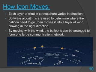 How loon Moves:
 Each layer of wind in stratosphere varies in direction.
 Software algorithms are used to determine where the
balloon need to go ,then moves it into a layer of wind
blowing in the right direction.
 By moving with the wind, the balloons can be arranged to
form one large communication network.
10
 