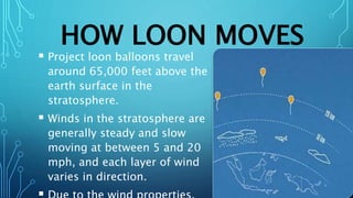 HOW LOON MOVES
 Project loon balloons travel
around 65,000 feet above the
earth surface in the
stratosphere.
 Winds in the stratosphere are
generally steady and slow
moving at between 5 and 20
mph, and each layer of wind
varies in direction.
 