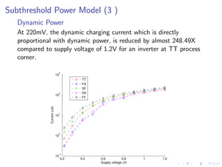 Subthreshold Power Model (3 )
   Dynamic Power
   At 220mV, the dynamic charging current which is directly
   proportional with dynamic power, is reduced by almost 248.49X
   compared to supply voltage of 1.2V for an inverter at TT process
   corner.

                              3
                             10
                                         TT
                                         FS
                                         SF
                              2          SS
                             10
                                         FF
              Current (uA)




                              1
                             10




                              0
                             10




                              −1
                             10
                                  0.2   0.4   0.6           0.8    1   1.2
                                              Supply voltage (V)
 