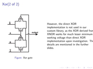 Xor(2 of 2)



              p1
    B                           However, the direct XOR
              n1
                                implementation is not used in our
                                custom library, as the XOR derived from
    A                  output
                                XNOR works for much lesser minimum
                                working voltage than direct XOR
              p2
    B
                                implementation upon investigation. The
                                details are mentioned in the further
              n2                slides.
    A


        Figure: Xor gate
 