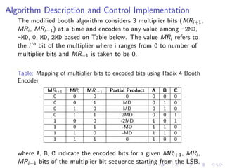 Algorithm Description and Control Implementation
   The modiﬁed booth algorithm considers 3 multiplier bits (MRi+1 ,
   MRi , MRi−1 ) at a time and encodes to any value among -2MD,
   -MD, 0, MD, 2MD based on Table below. The value MRi refers to
   the i th bit of the multiplier where i ranges from 0 to number of
   multiplier bits and MR−1 is taken to be 0.

   Table: Mapping of multiplier bits to encoded bits using Radix 4 Booth
   Encoder
              MRi+1   MRi    MRi−1   Partial Product   A   B   C
               0       0      0              0         0   0   0
               0       0      1             MD         0   1   0
               0       1      0             MD         0   1   0
               0       1      1           2MD          0   0   1
               1       0      0           -2MD         1   0   1
               1       0      1            -MD         1   1   0
               1       1      0            -MD         1   1   0
               1       1      1              0         1   0   0

   where A, B, C indicate the encoded bits for a given MRi+1 , MRi ,
   MRi−1 bits of the multiplier bit sequence starting from the LSB.
 