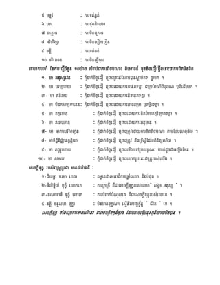 5 mTÞv                  ³ karTn;Pøn;
        6 bt                    ³ kardutkiels
        7 FekáaF                ³ karmineRKaF
        8 GvihwgSa              ³ karminebotebon
        9 xniþ                  ³ karGt;Fn;
        10 GvieraFn             ³ karmineFIVxus
eKalkarN_ énkareCOcMnYn 10y:ag sMrab;CakarBicarNar BiesaFn_ munnigeCOerOgenaHfakarBitminBit
        1- ma GnusSevn ³ kMudak;citþeCO eRBaHRKan;Etkar)ansþab;t² Kñamk .
        2- ma brm,aray ³ kMudak;citþeCO eRBaHedaykarkan;t²Kña CaRbéBNIBIburaN b¤BIedImmk .
        3- ma tiray            ³ kMudak;citþeCO eRBaHedaykarniTant²Kña .
        4- ma bidksm,Taenn ³ kMudak;citþeCO eRBaHedaykarGagtRma b¤KmI<r²Kña .
        5- ma tkáehtu                    ³ kMudak;citþeCO eRBaHedaykarKitEbbtkáviTüat²Kña .
        6- ma nyehatu                    ³ kMudak;citþeCO eRBaHedaykarGnuman .
        7- ma Gakarbrivitekþn            ³ kMudak;citþeCO eRBaHRtUvedaykarKitBicarNa tamEbbehtupl .
        8- maTidæiniCÄankçniþya          ³ kMudak;citþeCO eRBaHRtUv nwgRTWsiþEdlBinitüehIy .
        9- ma PBVrUbkay                  ³ kMudak;citþeCO eRBaHemIleTArUblkçN³ hak;dUcCaGBaw©gEmn .
    10- ma smN                           ³ kMudak;citþeCO eRBaHelakrUbenHCaRKUrbs;eyIg .
esckIþTukç rbs;raRsþRbCa man4y:agKW ³
        1-CiXcäa brma eraKa              ³ KmøanCaemerad¾kacxøaMgeBk nigbMput .
        2-TiliTiÞyM TukçM elakek ³ karRkRkI KWCaesckIþTukçrbs;elak} sgÁm/mnusS { .
        3-NaTaTM TukMç elaek ³ karbMBak;bMNuleK KWCaesckIþTukçrbs;elaek .
        4-ntiß xnÞsma Tukça              ³ minmanTukçNa esIµnwgbBa©k½çnæ } CIvit } eT .
                                              Tu
       esckIþTukç TaMg4RbkarxagelIenH CaesckIþTukçd¾xøag EdlGaceFIVmnusSniyaymin)an .
 