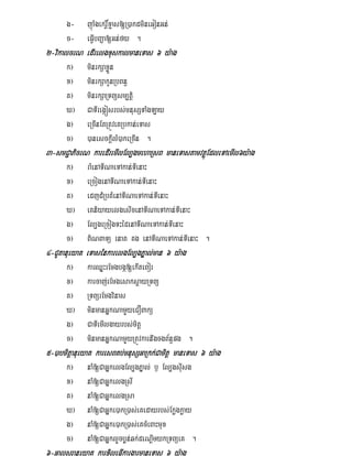 g-     júaMgekrþ×xµas[R)akdmineGonGn;
      c-     eFVIbBaØa[Gn;fy .
                     kalmaneTas
2-vikalcrN edIrelgxuskalmaneTas 6 y:ag
      k¦     minrkSaxøÜn
      x¦     minrkSakUnRbBn§
      K¦     minrkSaRTBüsm,tþi
      X¦     CaTIregáósrbs;mnusSTaMgLay
      g¦     eRcInEtRtÚveKRbkan;eTas
      c¦     )anesckþIlM)akeRcIn .
3-smC¢aPicrN karedIremIlEl,gmehaRsB maneTastamvtßúEdleTAemIl6y:ag
      k¦     raMenATINaeTAkan;TIenaH
      x¦     eRcogenATINaeTAkan;TIenaH
      K¦     edjdMRbKMenATINaeTAkan;TIenaH
      X¦     eKniyayelgesIcenATINaeTAkan;TIenaH
      g¦     El,geRcogTHédenATINaeTAkan;TIenaH
      c¦     BiNBaTü rnat Kg enATINaeTAkan;TIenaH .
4-CUtanueyaK eTasénkarelgEl,gPñal;man 6 y:ag
      k¦     karQñHrEmgbgá[ekIteBor
      x¦     karcaj;rEmgesaksþayRTBü
      K¦     RTBürEmgvinas
      X¦     minmanGñkNamYyeCOBakü
      g¦     CaTIemIlgayrbs;mitþ
      c¦     minmanGñkNamYyRtÚvkarnwgcgB½n§pg .
5-)abmitþanueyaK karesBKb;mnusSGaRkk;Camitþ maneTas 6 y:ag
      k¦     naM[CaGñkelgEl,gPñal; b¤ El,gsuIsg
      x¦     naM[CaGñkelgRsI
      K¦     naM[CaGñkelgRsa
      X¦     naM[CaGñke)akR)as;eKedayrbs;Ekøgkøay
      g¦     naM[CaGñke)akR)as;eKcMeBaHmux
      c¦     naM[CaGñklYcbøn;qk;deNþImykRTBüeK .
6-GalsSanueyaK karx¢ileFVIkargarmaneTas 6 y:ag
 