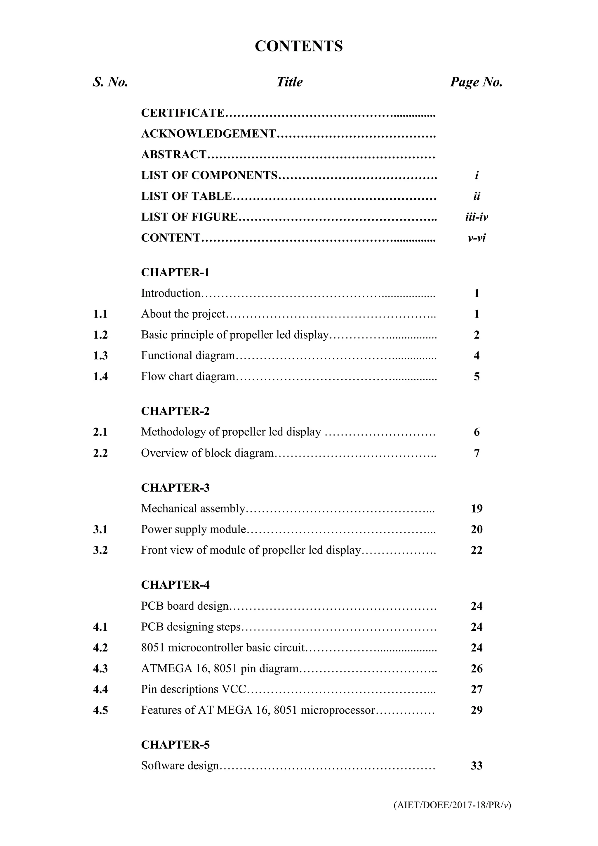 (AIET/DOEE/2017-18/PR/v)
CONTENTS
S. No. Title Page No.
CERTIFICATE……………………………………..............
ACKNOWLEDGEMENT………………………………….
ABSTRACT…………………………………………………
LIST OF COMPONENTS…………………………………. i
LIST OF TABLE…………………………………………… ii
LIST OF FIGURE………………………………………….. iii-iv
CONTENT………………………………………….............. v-vi
CHAPTER-1
Introduction……………………………………….................. 1
1.1 About the project…………………………………………….. 1
1.2 Basic principle of propeller led display……………................ 2
1.3 Functional diagram…………………………………............... 4
1.4 Flow chart diagram…………………………………............... 5
CHAPTER-2
2.1 Methodology of propeller led display ………………………. 6
2.2 Overview of block diagram………………………………….. 7
CHAPTER-3
Mechanical assembly………………………………………... 19
3.1 Power supply module………………………………………... 20
3.2 Front view of module of propeller led display………………. 22
CHAPTER-4
PCB board design……………………………………………. 24
4.1 PCB designing steps…………………………………………. 24
4.2 8051 microcontroller basic circuit……………….................... 24
4.3 ATMEGA 16, 8051 pin diagram…………………………….. 26
4.4 Pin descriptions VCC………………………………………... 27
4.5 Features of AT MEGA 16, 8051 microprocessor…………… 29
CHAPTER-5
Software design……………………………………………… 33
 