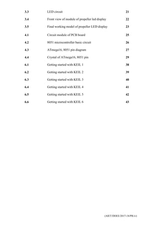 (AIET/DOEE/2017-18/PR/iv)
3.3 LED circuit 21
3.4 Front view of module of propeller led display 22
3.5 Final working model of propeller LED display 23
4.1 Circuit module of PCB board 25
4.2 8051 microcontroller basic circuit 26
4.3 ATmega16, 8051 pin diagram 27
4.4 Crystal of ATmega16, 8051 pin 29
6.1 Getting started with KEIL 1 38
6.2 Getting started with KEIL 2 39
6.3 Getting started with KEIL 3 40
6.4 Getting started with KEIL 4 41
6.5 Getting started with KEIL 5 42
6.6 Getting started with KEIL 6 43
 