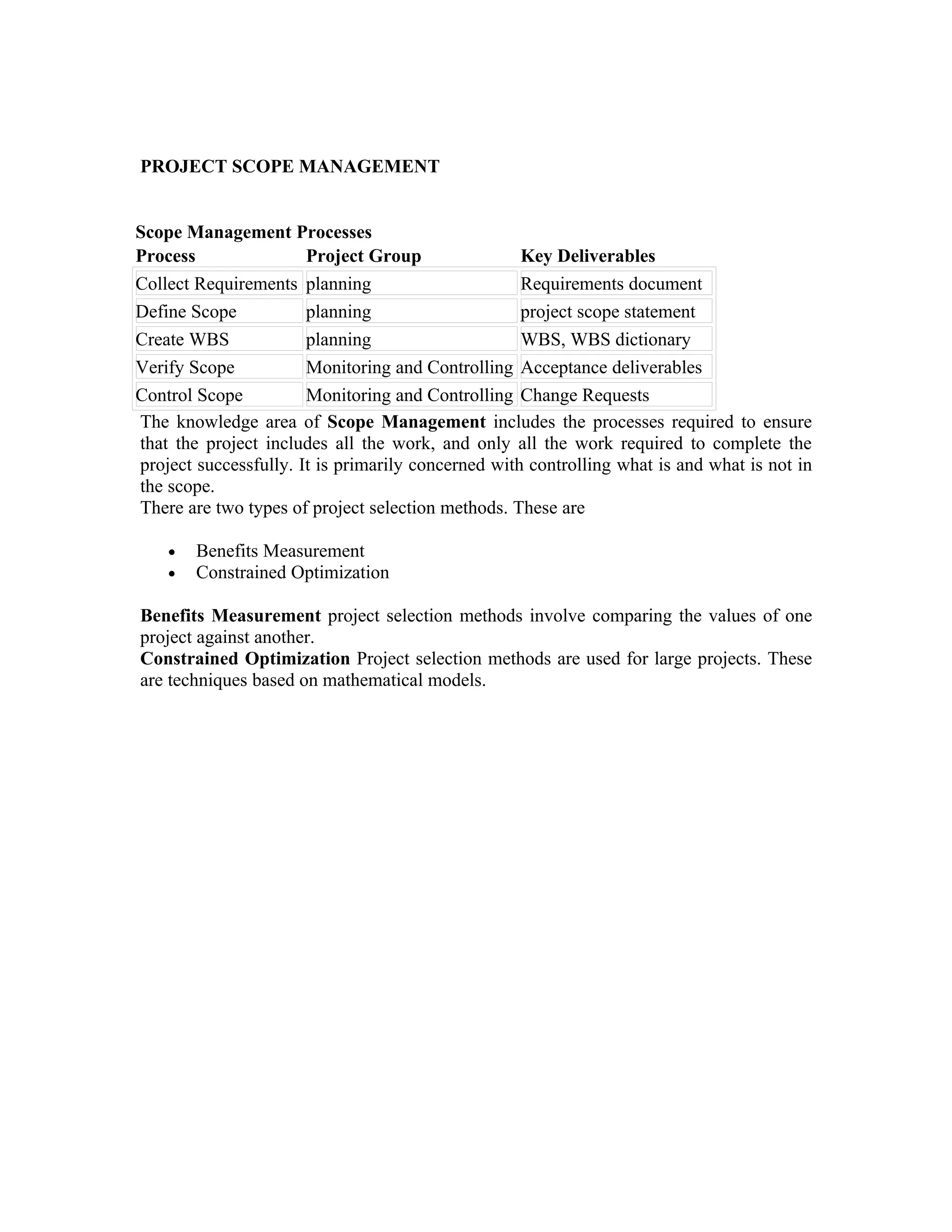 PROJECT SCOPE MANAGEMENT


Scope Management Processes
Process                Project Group                Key Deliverables
Collect Requirements planning                       Requirements document
Define Scope           planning                     project scope statement
Create WBS             planning                     WBS, WBS dictionary
Verify Scope           Monitoring and Controlling Acceptance deliverables
Control Scope          Monitoring and Controlling Change Requests
The knowledge area of Scope Management includes the processes required to ensure
that the project includes all the work, and only all the work required to complete the
project successfully. It is primarily concerned with controlling what is and what is not in
the scope.
There are two types of project selection methods. These are

    •   Benefits Measurement
    •   Constrained Optimization

Benefits Measurement project selection methods involve comparing the values of one
project against another.
Constrained Optimization Project selection methods are used for large projects. These
are techniques based on mathematical models.
 