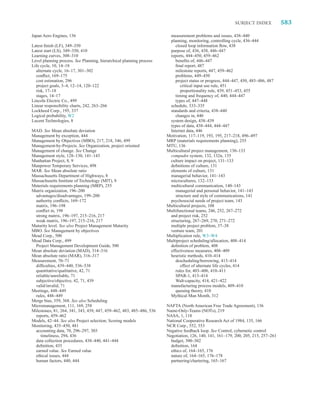 Subject Index            583

Japan Aero Engines, 136                                                measurement problems and issues, 438–440
                                                                       planning, monitoring, controlling cycle, 436–444
Latest finish (LF), 349–350                                               closed loop information flow, 438
Latest start (LS), 349–350, 410                                        purpose of, 436, 438, 446–447
Learning curves, 308–310                                               reports, 444–450, 459–462
Level planning process. See Planning, hierarchical planning process       benefits of, 446–447
Life cycle, 10, 14–18                                                     final report, 487
  alternate cycle, 16–17, 301–302                                         milestone reports, 447, 459–462
  conflict, 169–175                                                       problems, 449–450
  cost estimation, 296                                                    project status or progress, 444–447, 450, 485–486, 487
  project goals, 3–4, 12–14, 120–122                                         critical input use rule, 451
  risk, 17–18                                                                proportionality rule, 439, 451–453, 455
  stages, 14–17                                                           timing and frequency of, 440, 444–447
Lincoln Electric Co., 499                                                 types of, 447–448
Linear responsibility charts, 242, 263–266                             schedule, 333–335
Lockheed Corp., 195, 337                                               standards and criteria, 438–440
Logical probability, W2                                                   changes in, 440
Lucent Technologies, 8                                                 system design, 438–439
                                                                       types of data, 438–444, 444–447
MAD. See Mean absolute deviation                                       Internet data, 446
Management by exception, 444                                          Motivation, 117–119, 193, 195, 217–218, 496–497
Management by Objectives (MBO), 217, 218, 346, 499                    MRP (materials requirements planning), 255
Management-by-Projects. See Organization, project oriented            MTU, 136
Management of change. See Change                                      Multicultural project management, 130–133
Management style, 128–130, 141–143                                     compadre system, 132, 132n, 135
Manhattan Project, 8, 9                                                culture impact on project, 131–133
Manpower Temporary Services, 498                                       definitions of culture, 131
MAR. See Mean absolute ratio                                           elements of culture, 131
Massachusetts Department of Highways, 8                                managerial behavior, 141–143
Massachusetts Institute of Technology (MIT), 8                         microcultures, 132–133
Materials requirements planning (MRP), 255                             multicultural communication, 140–143
Matrix organization, 196–200                                              managerial and personal behavior, 141–143
 advantages/disadvantages, 199–200                                        structure and style of communications, 141
 authority conflicts, 169–172                                          psychosocial needs of project team, 143
 matrix, 196–198                                                      Multicultural projects, 108
 conflict in, 198                                                     Multifunctional teams, 246, 252, 267–272
 strong matrix, 196–197, 215–216, 217                                  and project risk, 252
 weak matrix, 196–197, 215–216, 217                                    structuring, 267–269, 270, 271–272
Maturity level. See also Project Management Maturity                   multiple project problem, 37–38
MBO. See Management by objectives                                      venture team, 201
Mead Corp., 500                                                       Multiplication rule, W3–W4
Mead Data Corp., 499                                                  Multiproject scheduling/allocation, 408–414
 Project Management Development Guide, 500                             definition of problem, 408
Mean absolute deviation (MAD), 314–316                                 effectiveness measures, 408–409
Mean absolute ratio (MAR), 316–317                                     heuristic methods, 410–414
Measurement, 70–71                                                        descheduling/borrowing, 413–414
 difficulties, 439–440, 536–538                                              effect of alternate life cycles, 414
 quantitative/qualitative, 42, 71                                         rules for, 403–406, 410–411
 reliable/unreliable, 71                                                  SPAR-1, 413–414
 subjective/objective, 42, 71, 439                                        Walt-capacity, 414, 421–422
 valid/invalid, 71                                                     manufacturing process models, 409–410
Meetings, 448–449                                                         queuing theory, 410
 rules, 448–449                                                        Mythical Man Month, 312
Merge bias, 359, 368. See also Scheduling
Micromanagement, 111, 169, 258                                        NAFTA (North American Free Trade Agreement), 136
Milestones, 81, 264, 341, 343, 439, 447, 459–462, 483, 485–486, 536   Name-Only-Teams (NOTs), 219
 reports, 459–462                                                     NASA, 1, 118
Models, 42–44. See also Project selection; Scoring models             National Cooperative Research Act of 1984, 135, 166
Monitoring, 435–450, 481                                              NCR Corp., 552, 553
 accounting data, 70, 296–297, 303                                    Negative feedback loop. See Control, cybernetic control
    timeliness, 294, 436                                              Negotiation, 126, 140, 141, 161–179, 200, 205, 215, 257–261
 data collection procedures, 438–440, 441–444                           budget, 300–302
 definition, 435                                                        definition, 164
 earned value. See Earned value                                         ethics of, 164–165, 176
 ethical issues, 444                                                    nature of, 164–165, 176–178
 human factors, 440, 444                                                partnering/chartering, 165–167
 