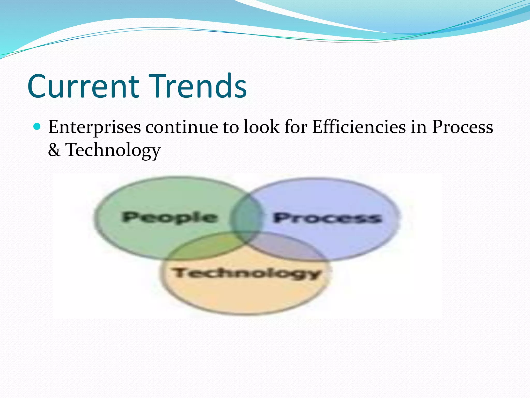 Current Trends
 Enterprises continue to look for Efficiencies in Process
& Technology
 