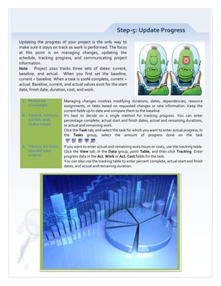 Step-5: Update Progress
Updating the progress of your project is the only way to
make sure it stays on track as work is performed. The focus
at this point is on managing changes, updating the
schedule, tracking progress, and communicating project
information.
Note     Project 2010 tracks three sets of dates: current,
baseline, and actual. When you first set the baseline,
current = baseline. When a task is 100% complete, current =
actual. Baseline, current, and actual values exist for the start
date, finish date, duration, cost, and work.

 1. Manage                Managing changes involves modifying durations, dates, dependencies, resource
    changes               assignments, or tasks based on requested changes or new information. Keep the
                          current fields up to date and compare them to the baseline.
 2. Track actual          It’s best to decide on a single method for tracking progress. You can enter
    dates and             percentage complete, actual start and finish dates, actual and remaining durations,
    durations             or actual and remaining work.
                          Click the Task tab, and select the task for which you want to enter actual progress. In
                          the Tasks group, select the amount of progress done on the task
                                              .
 3. Track actual          If you want to enter actual and remaining work hours or costs, use the tracking table.
    hours and             Click the View tab. In the Data group, point Table, and then click Tracking. Enter
    costs                 progress data in the Act. Work or Act. Cost fields for the task.
                          You can also use the tracking table to enter percent complete, actual start and finish
                          dates, and actual and remaining duration.
 