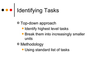 Identifying Tasks Top-down approach Identify highest level tasks Break them into increasingly smaller units Methodology Using standard list of tasks 