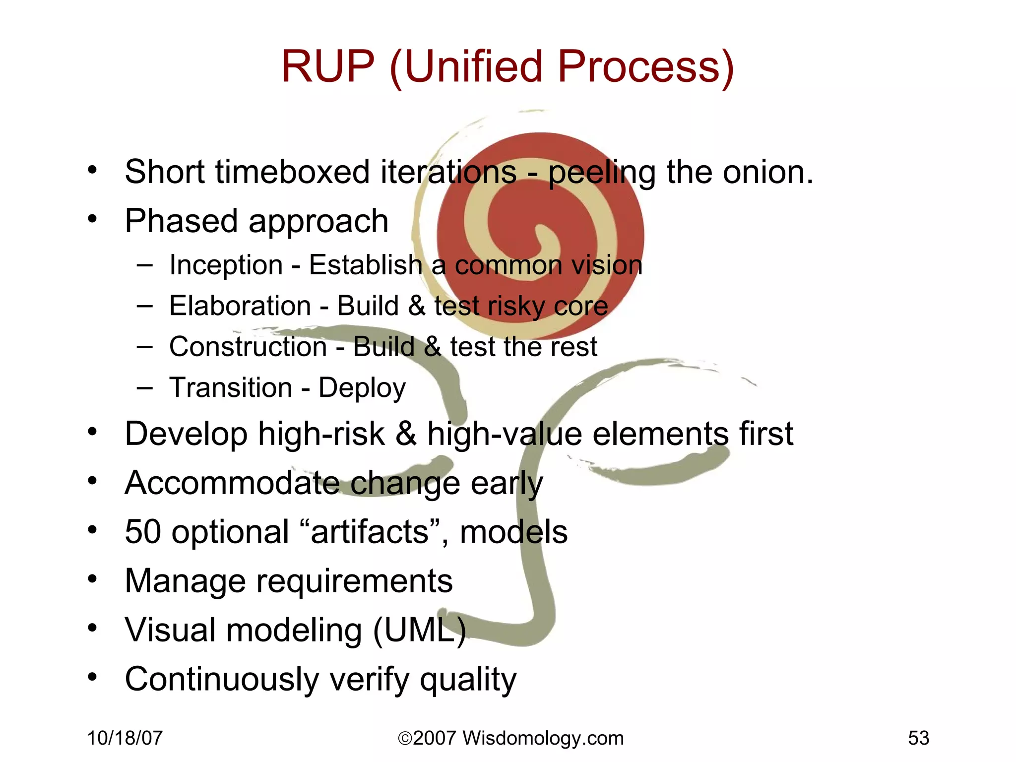 RUP (Unified Process) Short timeboxed iterations - peeling the onion. Phased approach Inception - Establish a common vision Elaboration - Build & test risky core Construction - Build & test the rest Transition - Deploy  Develop high-risk & high-value elements first Accommodate change early 50 optional “artifacts”, models Manage requirements Visual modeling (UML) Continuously verify quality 