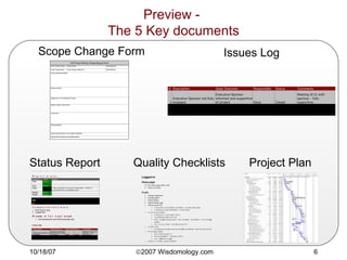 Preview -  The 5 Key documents Scope Change Form Issues Log Project Plan Status Report Quality Checklists 