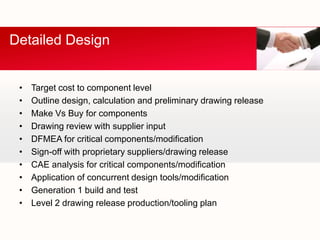 Detailed Design


 •   Target cost to component level
 •   Outline design, calculation and preliminary drawing release
 •   Make Vs Buy for components
 •   Drawing review with supplier input
 •   DFMEA for critical components/modification
 •   Sign-off with proprietary suppliers/drawing release
 •   CAE analysis for critical components/modification
 •   Application of concurrent design tools/modification
 •   Generation 1 build and test
 •   Level 2 drawing release production/tooling plan
 